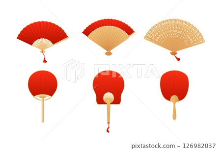 Vintage Japanese and Chinese hand fan flat vector icons set, Asian uchiwa bamboo and red paper accessory for air cooling Vintage Japanese and Chinese hand fan flat vector icons set, Asian uchiwa bamboo and red paper accessory for air cooling 126982037