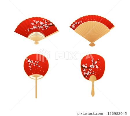 Vintage Japanese and Chinese hand fan decorated Sakura flowers flat icon vector set, open bamboo and red paper accessory 126982045