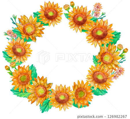 用水彩畫的彩色向日葵的圓形框架 用水彩畫的彩色向日葵的圓形框架 126982267