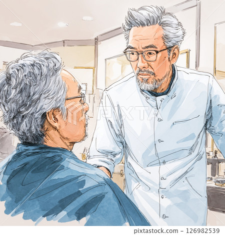 理髮店裡一位熟練的理髮師和一位顧客之間的對話 126982539