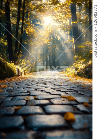 Park landscapes glowing with golden leaves and sunlight embody the beauty of eco-friendly living, inspiring sustainable practices for harmonious future. Sustainable renewal concept. 126982573