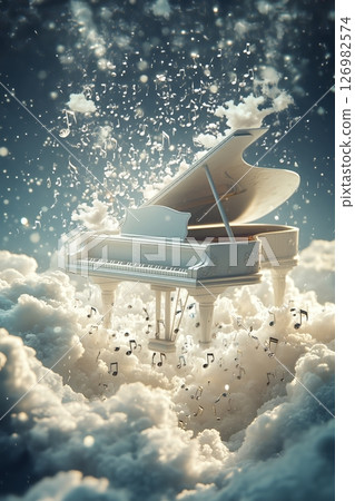 Elegant piano floats within billowy clouds, music notes drifting freely, capturing pure serenity, boundless melody within peaceful heavenly setting, calm beauty beyond earth. 126982574