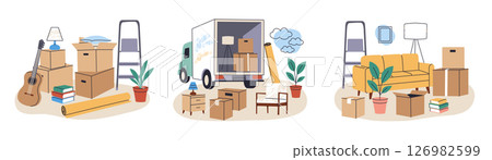 Flat cartoon set of moving scenes with boxes, furniture, and household items. Relocation process vector illustrations, new home concept, organization, transportation, lifestyle change compositions 126982599