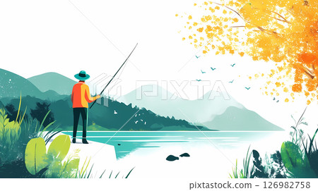 Man fishing in the mountains in autumn Man fishing in the mountains in autumn 126982758