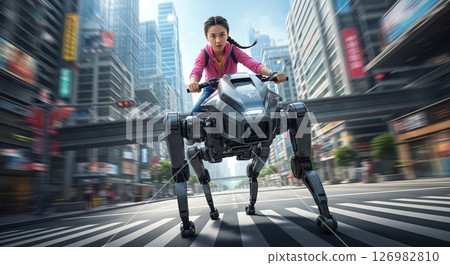 A girl riding a quadruped robot through the city 126982810