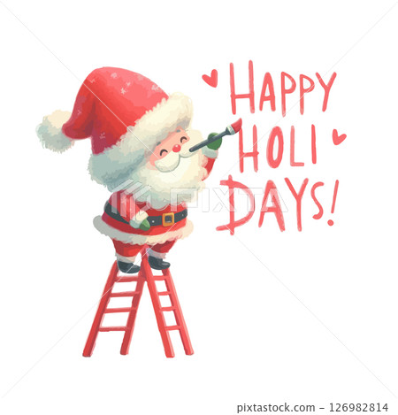 Watercolor cute Santa Claus on the ladder painting on the wall the inscription Merry Christmas. 126982814