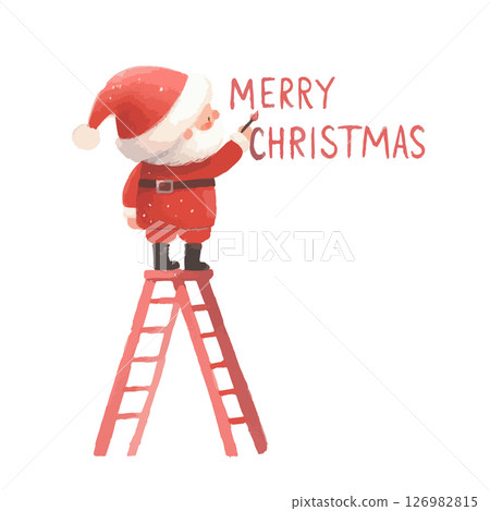 Watercolor cute Santa Claus on the ladder painting on the wall the inscription Merry Christmas. 126982815