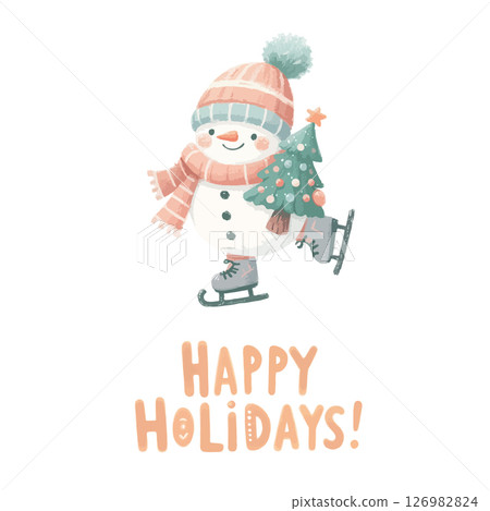 Merry Christmas and Happy New Year. Happy Holidays Watercolor cute snowman with a Christmas tree in his hands is skating. 126982824