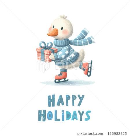 Merry Christmas and Happy New Year. Happy Holidays Vector illustrations of gosling in a sweater on skates. 126982825