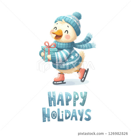 Merry Christmas and Happy New Year. Happy Holidays Vector illustrations of gosling in a sweater on skates. 126982826