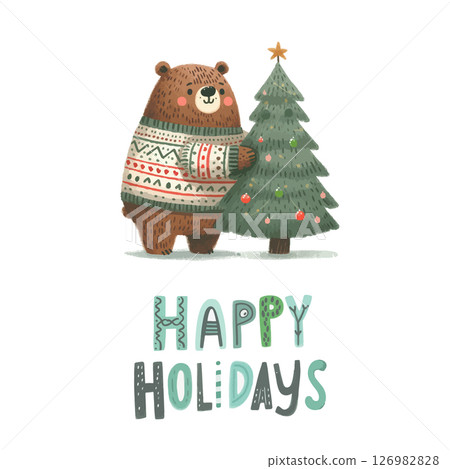 Merry Christmas and Happy New Year. Happy Holidays Vector illustrations of Christmas tree and plush bear in sweater. 126982828