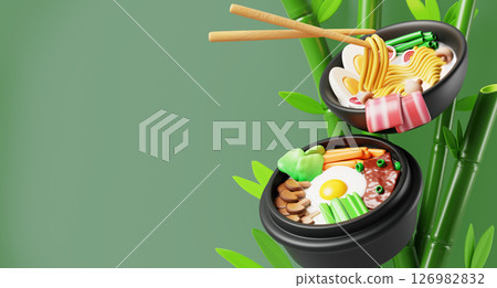 Korean food with bibimbap and ramen soup on green bamboo background. Asian rice and noodles in stone pot and bowl with sticks. Chinese cuisine dishes cooked with egg, meat, vegetables. 3D illustration 126982832