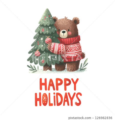 Merry Christmas and Happy New Year. Happy Holidays Vector illustrations of Christmas tree and plush bear in red sweater. 126982836