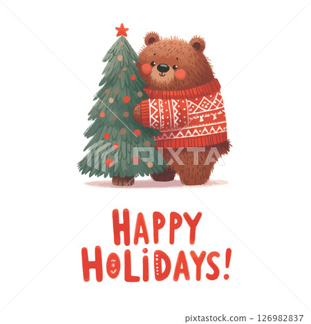 Merry Christmas and Happy New Year. Happy Holidays Vector illustrations of Christmas tree and plush bear in red sweater. Merry Christmas and Happy New Year. Happy Holidays Vector illustrations of Christmas tree and plush bear in red sweater. 126982837