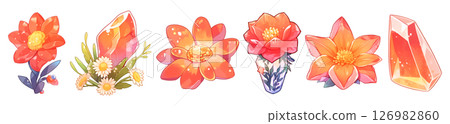 Set of 6 fantasy crystal flowers and gemstones in watercolor graphic illustration style, isolated on a transparent background. Orange color tone. 126982860