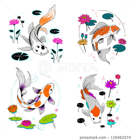 Koi Fish and Lotus Flower Illustration 126982874