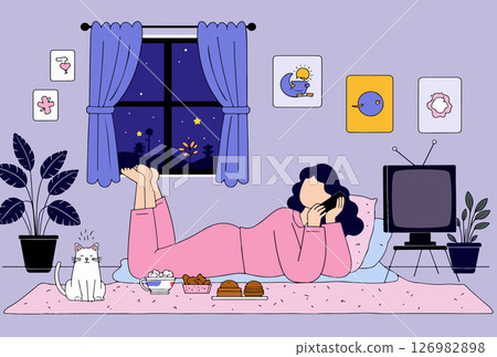 Woman on Phone in Cozy Room Woman on Phone in Cozy Room 126982898