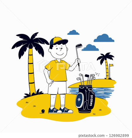 Cartoon Golfer on Tropical Island 126982899