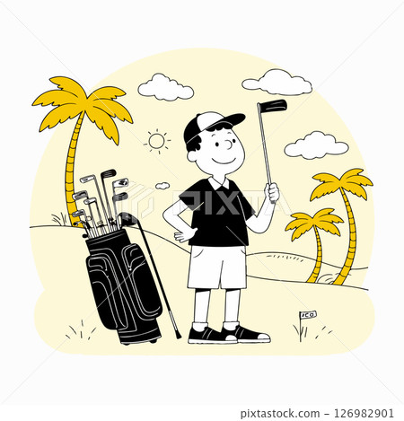 Cartoon Golfer on Tropical Island 126982901