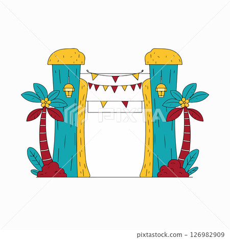 Tropical Gate with Palm Trees and Festive Flags 126982909