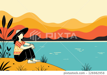 Woman Relaxing by the Lake Woman Relaxing by the Lake 126982958