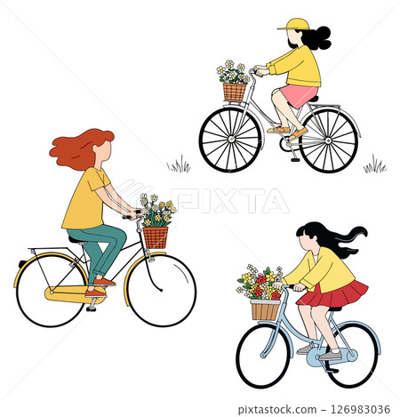 Girls Riding Bicycles with Flower Baskets Girls Riding Bicycles with Flower Baskets 126983036