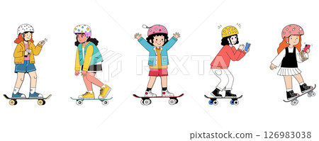 Cartoon Girls Skateboarding with Helmets 126983038