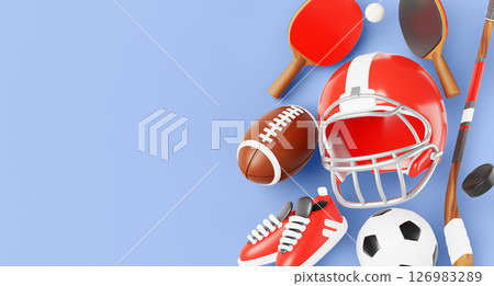 3d sports store sale banner. American football helmet, football boots, ball, ping pong rackets, hockey stick, puck on blue background. Equipment and shoes for training and competition. 3D illustration 3d sports store sale banner. American football helmet, football boots, ball, ping pong rackets, hockey stick, puck on blue background. Equipment and shoes for training and competition. 3D illustration 126983289
