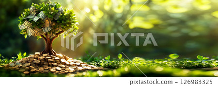 Money tree growing coins and dollars, symbolizing investment, financial growth, and success. Ideal for a finance banner with ample copy space Money tree growing coins and dollars, symbolizing investment, financial growth, and success. Ideal for a finance banner with ample copy space 126983325