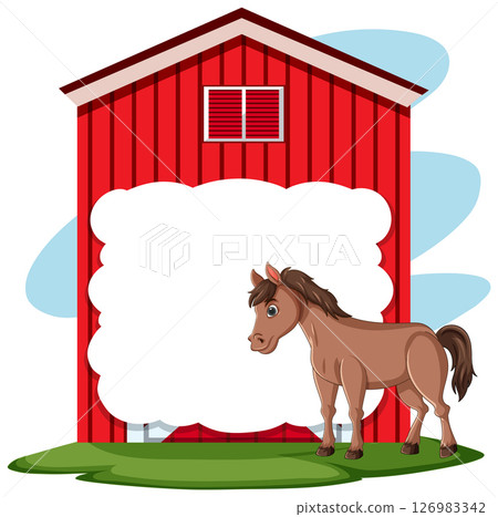 Cute Horse Standing Near Red Barn Cute Horse Standing Near Red Barn 126983342