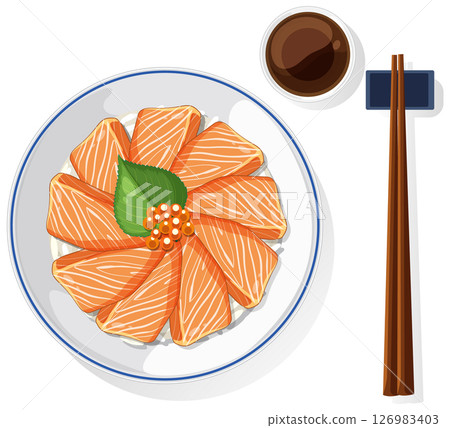Elegant Salmon Sashimi with Soy Sauce and Chopsticks Elegant Salmon Sashimi with Soy Sauce and Chopsticks 126983403