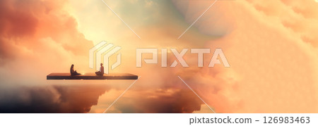 Woman and man in serene meditation pose under a cloud, symbolizing psychology, harmony, and mind balance. Features ample copy space 126983463