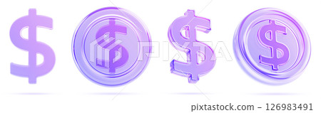 3d set of glass holographic dollar sign and crystal coin with currency symbol. Isolated financial money icons with purple gradient texture for banking banner or economic presentation. 3D illustration 126983491