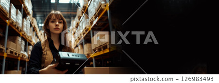 Woman scanning a barcode on a machine in a warehouse with shelving. Ideal for an accounting or logistics banner with ample copy space Woman scanning a barcode on a machine in a warehouse with shelving. Ideal for an accounting or logistics banner with ample copy space 126983493
