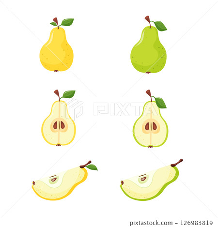 an assortment of green and yellow pears, whole pears, halved pears, and a combination of both 126983819