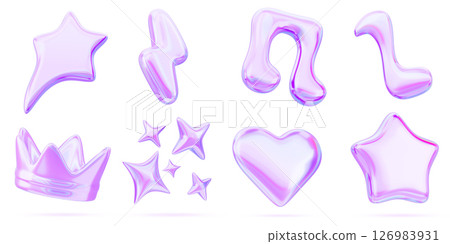 3d set of liquid holographic shapes in y2k style render icon. Futuristic inflatable aesthetic elements - heart, crown, lightning bolt, stars and music notes with neon chrome gradient. 3D illustration 126983931