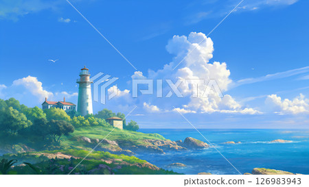Lighthouse landscape against blue sky, anime style 126983943