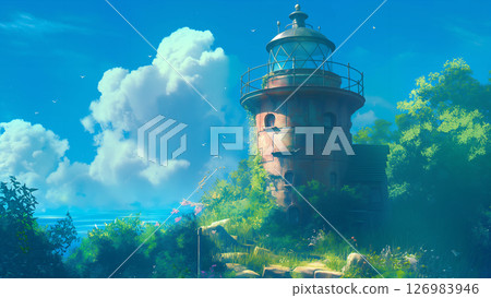 Scenery of a lighthouse with trees, anime style Scenery of a lighthouse with trees, anime style 126983946