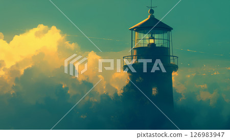 Scenery of a lighthouse covered in clouds, anime style 126983947