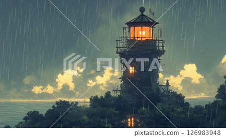 Scenery of a lighthouse overlooking the rainy sea, anime style 126983948