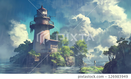 雨天的燈塔風景,動漫風格 雨天的燈塔風景,動漫風格 126983949