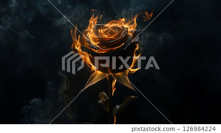 Image of flame and burning rose, black background 126984224