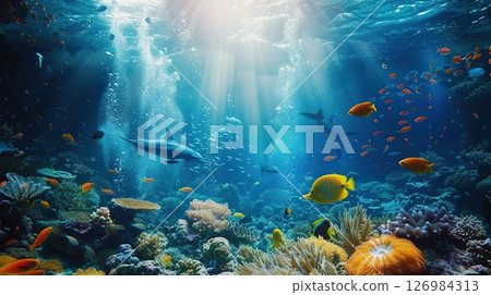 Underwater world background. Dolphins in the sea. Sea life. generative ai. 126984313
