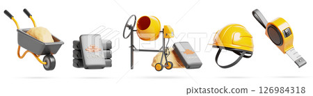 3d construction site equipment set. Building materials, electric concrete mixer, cement bags stack, wheelbarrow with yellow sand pile, tape measure, safety helmet isolated render icon. 3D illustration 126984318