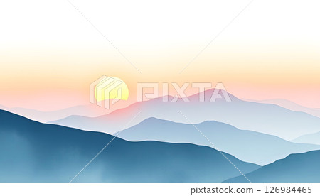 sunrise over misty mountains in soft pastel colors. Minimalistic landscape painting illustration sunrise over misty mountains in soft pastel colors. Minimalistic landscape painting illustration 126984465