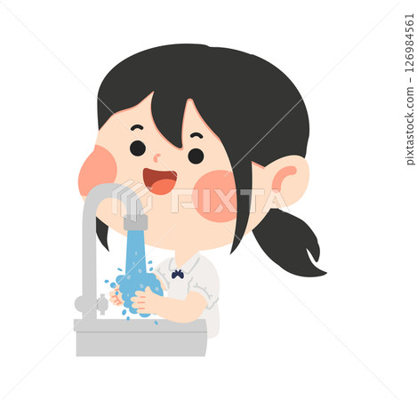 Cute Girl Washing Hands Cartoon 126984561
