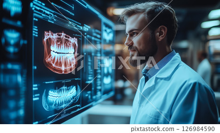 Dentist analyses a tooth X-ray holographic film. The concept of dental care, diagnostics, and precision in oral health treatment with modern technology. Generative AI. 126984590