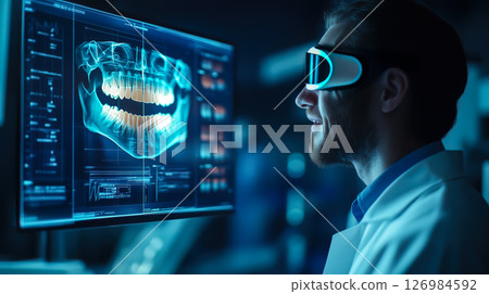 Dentist analyses a tooth X-ray holographic film. The concept of dental care, diagnostics, and precision in oral health treatment with modern technology. Generative AI. 126984592