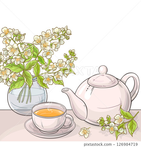 Cup of Jasmine Tea and Jasmine Flowers. Aroma Beverage in a Teapot Colored Detailed Illustration for Design and Decoration for Cafeteria, Posters, Banners, Cards. 126984719