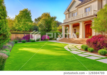 Cassic backyard with idullic lawnand house at sunny day Cassic backyard with idullic lawnand house at sunny day 126984789